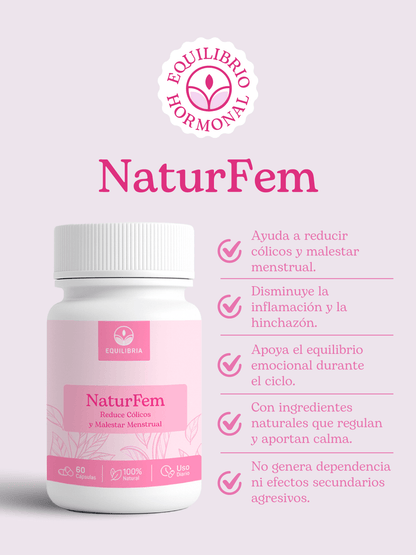 NaturFem suplemento natural para alivio de cólicos y malestar menstrual durante el ciclo femenino.